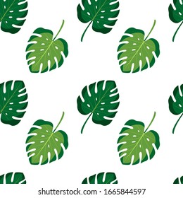 Nahtloses Muster mit grünen exotischen Blättern. Vektorillustration-Illustration des Sommers auf weißem Hintergrund. Exotische Tapete mit Monsterablättern. Für Webdesign, Banner, Scrapbooking, Stoffdruck, Umhüllung
