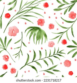 Patrón sin foco con hojas exóticas verdes, plantas, flores rojas. Impresión tropical sin fin para tela, ropa, papel de envoltura.