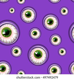 Seamless pattern with green eyes on a purple background. Halloween background. Scary eye pattern for the Hallowe'en party. Vector illustration. Seamless Halloween. Purple background for Halloween.