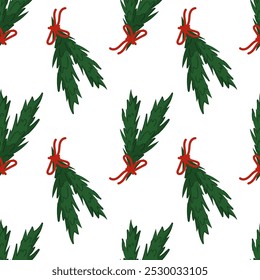 Seamless pattern of green festive branches tied with red bows in flat style. Perfect for Christmas design, holiday wrapping, greeting card, seasonal textile and festive decoration.