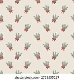 Seamless pattern with green fir branch bouquets accented by red and green checkered bows on a light background. Traditional holiday design, ideal for winter fabrics, gift wrap, and festive decor.