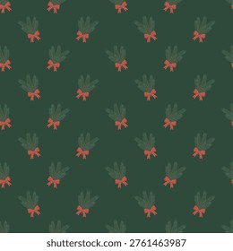 Seamless pattern with green fir branch bouquets accented by red and green checkered bows on a light background. Traditional holiday design, ideal for winter fabrics, gift wrap and festive decor.