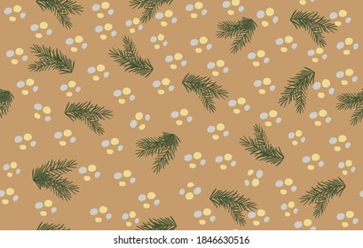 Seamless pattern with green fir branches on a colorful background. Christmas pattern. Design for interior, background, fabric, textile, paper, decoration, design, packaging, wallpaper.