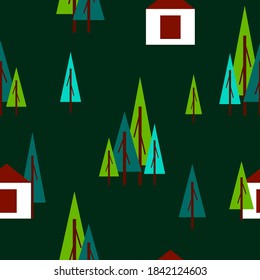 Seamless pattern with green fir trees and white country house. Green background. Cartoon style. Garden or forest. Nature and ecology. Postcards, wallpaper, textile, scrapbooking and wrapping paper