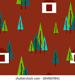 Seamless pattern with green fir trees and white country house. Black background. Cartoon style. Garden or forest. Nature and ecology. Postcards, wallpaper, textile, scrapbooking and wrapping paper