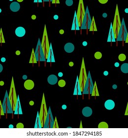 Seamless pattern with green fir trees and circles. Black background. Flat style. Garden or forest. Nature and ecology. Merry Christmas. Postcards, wallpaper, textile, scrapbooking and wrapping paper