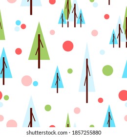 Seamless pattern with green fir trees and circles. White background. Flat style. Holiday decoration. Happy New Year. Merry Christmas. Postcards, wallpaper, textile, scrapbooking and wrapping paper