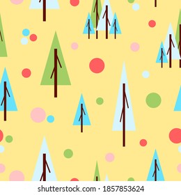 Seamless pattern with green fir trees and circles. Yellow background. Flat style. Holiday decoration. Happy New Year. Merry Christmas. Postcards, wallpaper, textile, scrapbooking and wrapping paper