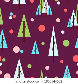 Seamless pattern with green fir trees and circles. Purple background. Flat style. Holiday decoration. Happy New Year. Merry Christmas. Postcards, wallpaper, textile, scrapbooking and wrapping paper