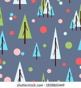 Seamless pattern with green fir trees and circles. Gray background. Flat style. Holiday decoration. Happy New Year. Merry Christmas. Postcards, wallpaper, textile, scrapbooking and wrapping paper
