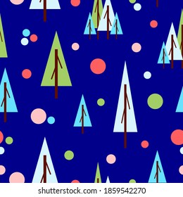 Seamless pattern with green fir trees and circles. Blue background. Flat style. Holiday decoration. Happy New Year. Merry Christmas. Postcards, wallpaper, textile, scrapbooking and wrapping paper
