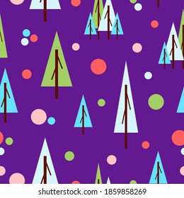 Seamless pattern with green fir trees and circle on violet background in flat style. Holiday decoration. Happy New Year. Merry Christmas. Postcards, wallpaper, textile, scrapbooking and wrapping paper