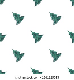 Patrón sin foco de abetos verdes sobre un fondo blanco. Ilustración vectorial para diseño festivo, embalaje, papel pintado, tela, papel, accesorios.