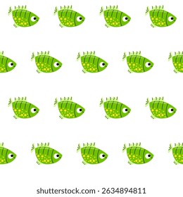 Seamless pattern with green fish. Exotic tropical green fish.