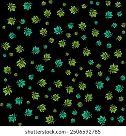 Seamless pattern of green floral designs on a black background.