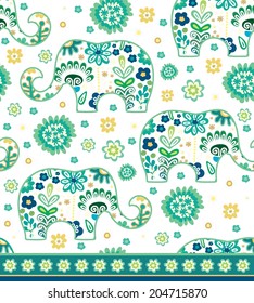 Seamless pattern with green floral elephants on white background