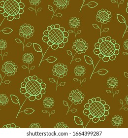 Seamless pattern with green flowers on a 
mustard color background. Use for fabric, wrapping paper, wallpaper, print, backdrops, napkins, bags, merchandise, clothing, and artwork.