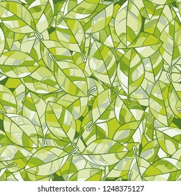 Seamless pattern. Green foliage on the background of a curved grid.