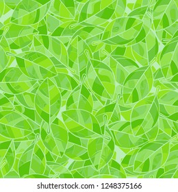 Seamless pattern. Green foliage on the background of a curved grid.