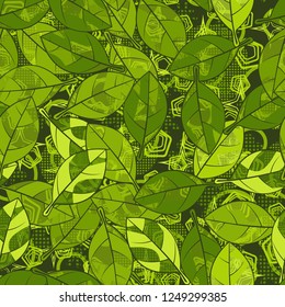 Seamless pattern. Green foliage on the background of diverse abstraction.