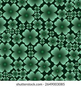 Seamless pattern with green four-leaf clover on dark green background. Vector illustration for your designs in Patrick's Day style