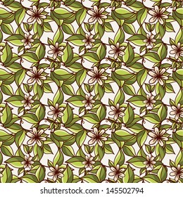Seamless pattern with green fresh leaves and white flowers. Vector file has few layers for easy using. Seamless pattern can be used for wallpaper, textile, web page background,scrapbook. 