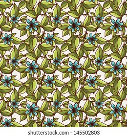 Seamless pattern with green fresh leaves and blue flowers. Vector file has few layers for easy using. Seamless pattern can be used for wallpaper, textile, web page background,scrapbook. 