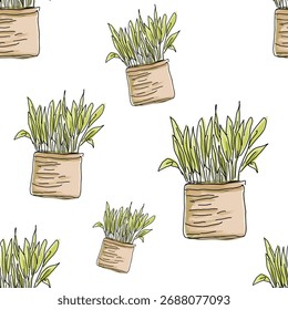 Patrón sin fisuras con plantas verdes frescas en la olla Eco theme.eps