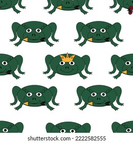 Seamless Pattern With Green Frog. Background With Character From Children Cartoon. Reptiles Backdrop. Frog With Arrow In The Mouth, Crown On The Head And Bug On Tongue.