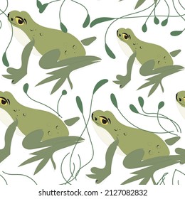 seamless pattern green frogs on white background. Background design for fabric, paper, wallpaper.