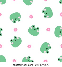 Seamless pattern with green frogs and pink flowers