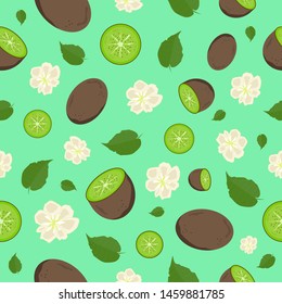 Seamless pattern green fruit kiwi leaves and flowers repeat nature floral vector background great for fabric print, textile, wrapping