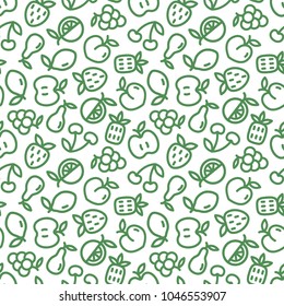 Seamless pattern with green fruits on white background. Eco design with thin line fruit icons for supermarket brochure, wrapping paper, fabric. Vector illustration