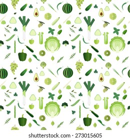 Seamless pattern with green fruits and vegetables on white background.