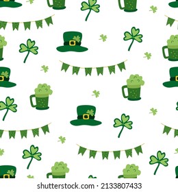 Seamless pattern with green garlands, leprechaun hats, leaves of clover, green beer for St. Patrick's Day on white background. Vector illustration, flat design