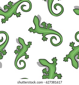 Seamless pattern with green geckos lizard on the white background. Stylish cute background.