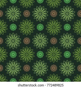 Seamless pattern of green geometric flowers on a dark green background