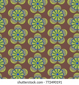 Seamless pattern of green geometric flowers on brown background