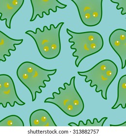 seamless pattern of green ghosts with gradient on a blue background. 
