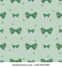 Seamless pattern of green gift bows, ribbons.
Fabric design, wallpaper, packaging. Vector illustration
