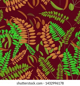 Seamless pattern with green and ginger acacia leaf on bordo background. Vector illustration, autumn, acacia, leaves decoration and interior