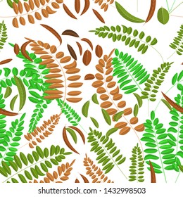 Seamless pattern with green and ginger acacia leaves isolated on white on background. Vector illustration, autumn, acacia, leaves decoration and interior