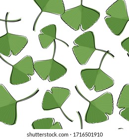 Seamless pattern with green ginkgo leaves. Natural simple background.