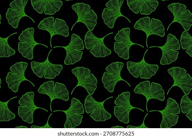 Un patrón sin fisuras de hojas de ginkgo verde sobre un fondo negro, con delicados detalles de línea que crean un diseño botánico moderno y elegante.