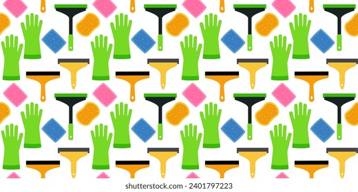 Seamless pattern  with green gloves, sponge and  plastic handle window  squeegee for cleaning window on white background. Cartoon pattern of  tools window cleaner housekeeping products.