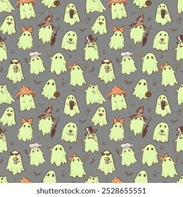Seamless pattern of green glowing doodle ghosts in various costumes on a dark grey background. Can be used for wallpaper, pattern fills, textile, web page background, surface textures