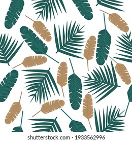Seamless pattern of green and gold banana leaves. Vector illustration 