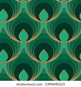 Seamless pattern with green and golden geometrical elements. Seamless background