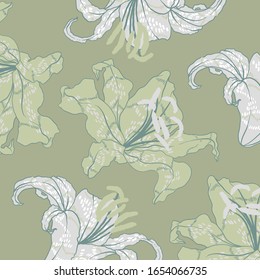 Seamless Pattern Green Golden Rayed Lily