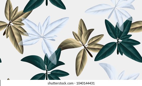 Patrón transparente, hojas verdes, doradas y blancas sobre fondo gris claro